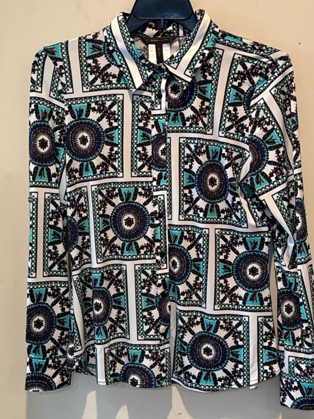 BCBGMaxAzria Teal, White and Black Printed Button-Down Shirt